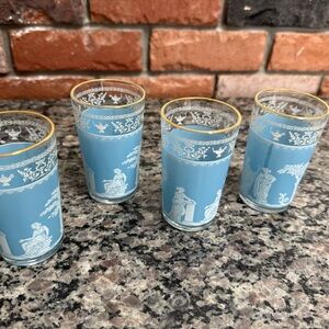 Set of Four Vintage Hellenic Pattern Blue Glasses with Gold Trim